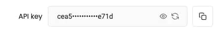 Decodo dashboard API key field with the key partly masked, showing the first and last characters, plus buttons to reveal it, generate a new one, and copy it.