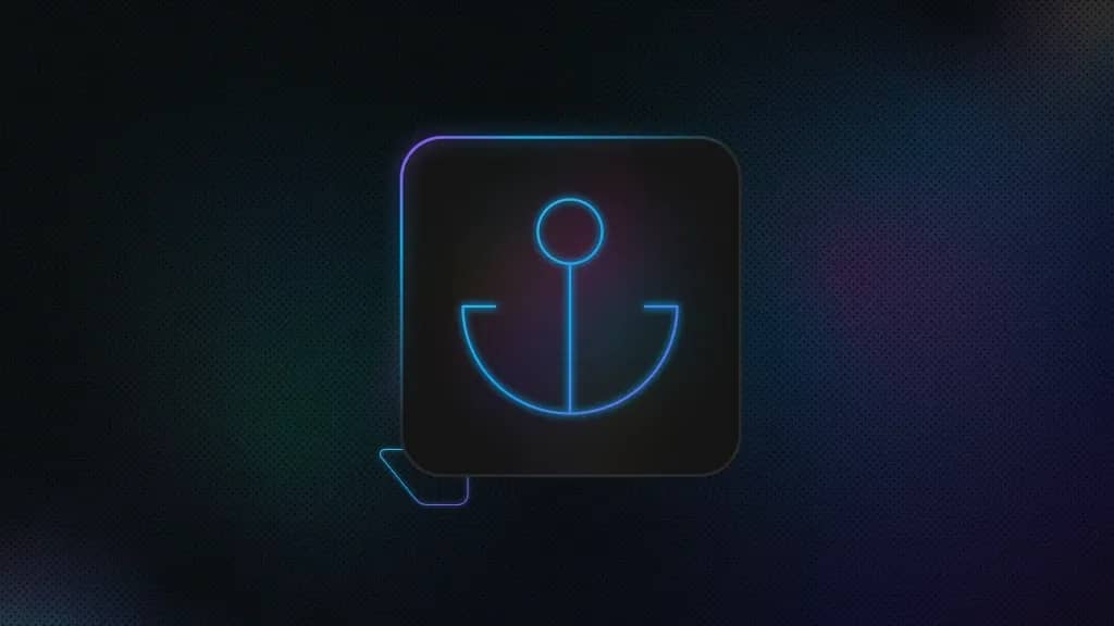 Abstract dark blue and purple gradient graphic with glowing neon-outline and an anchor icon
