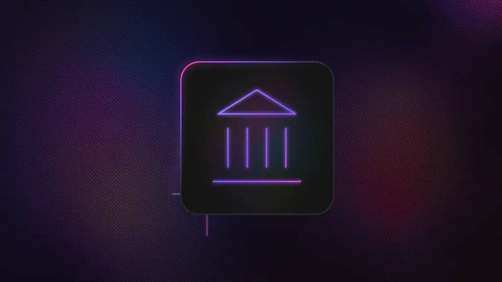 A geometric icon resembling a classical building: a triangle at the top like a roof, four evenly spaced vertical lines underneath resembling pillars, and a horizontal line at the bottom forming a base.