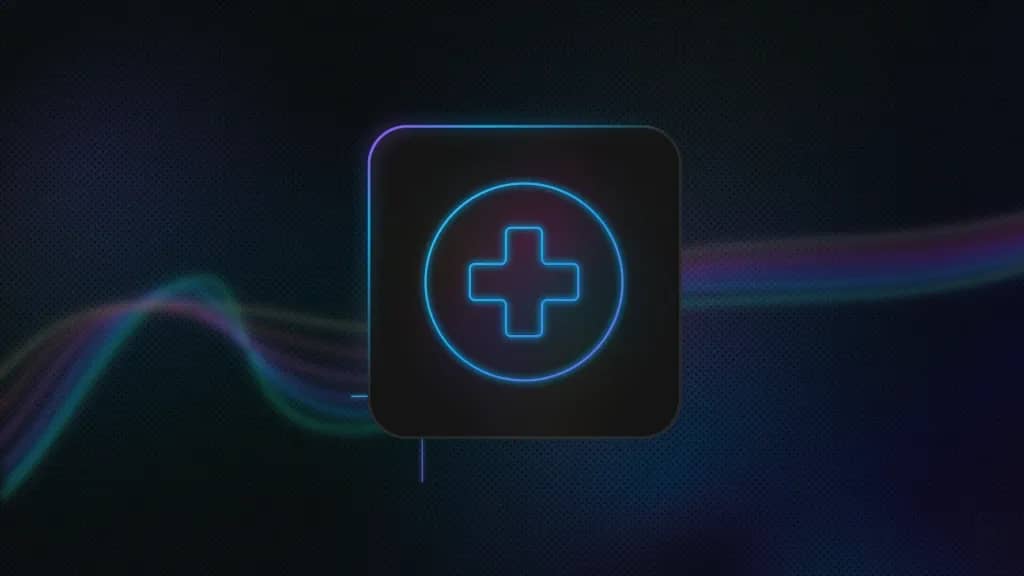 Blue background with lines going from left to right. A rounded square with a plus in a circle icon is in the middle.