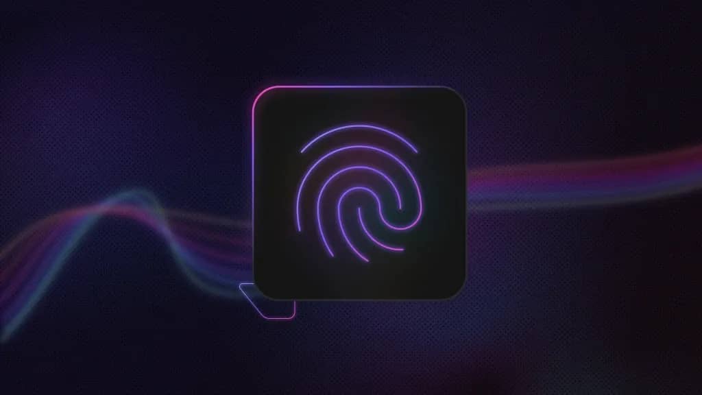 An image of a purple background with colored lines going across, a square with a fingerprint icon in the middle