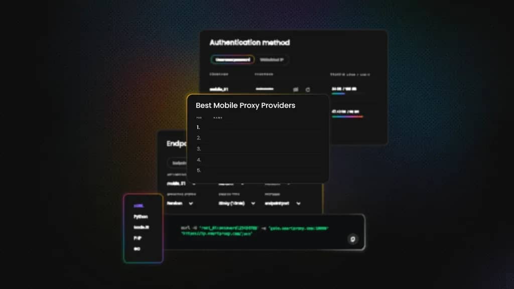 Modal titled 'Best Mobile Proxy Providers' showing numbered list over blurred authentication and endpoint UI screens