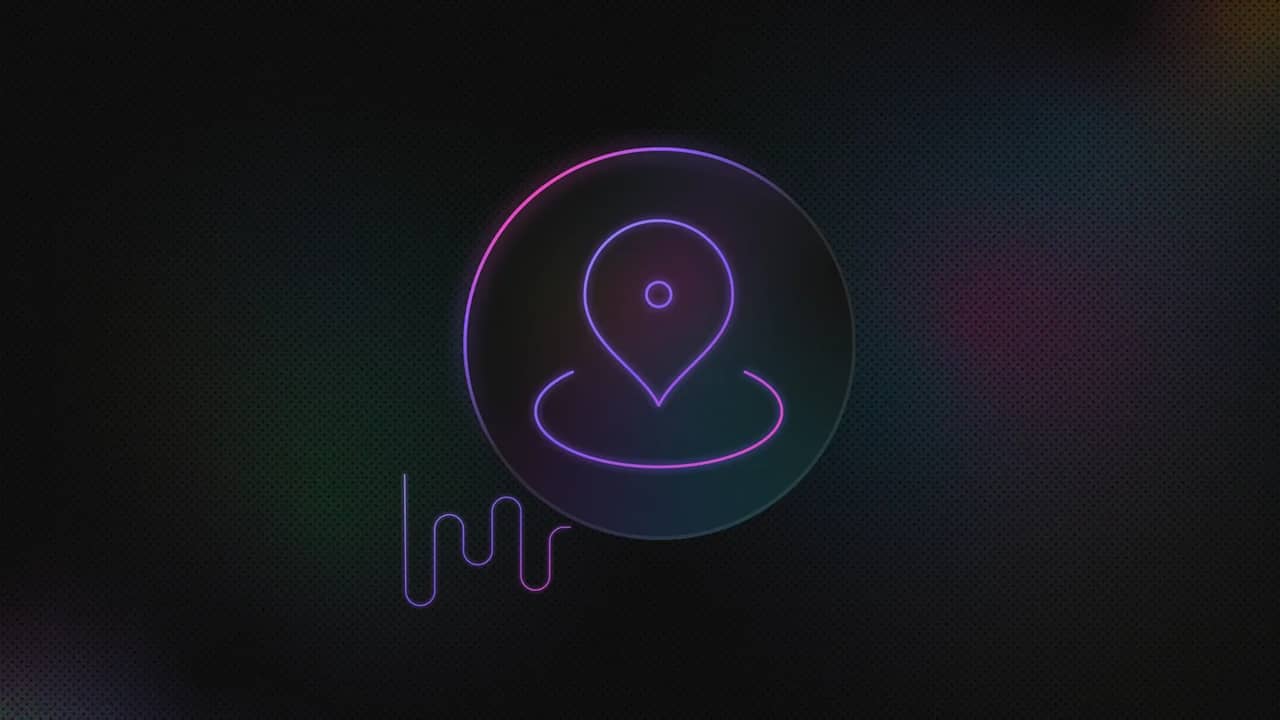 Location pin icon inside a circular outline with a wavy line extending from the bottom left of the circle.