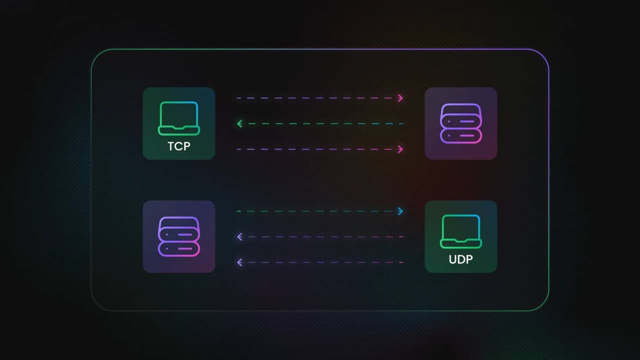 TCP laptop icon exchanging dashed arrows with server icons; UDP laptop icon exchanging dashed arrows in dark network diagram