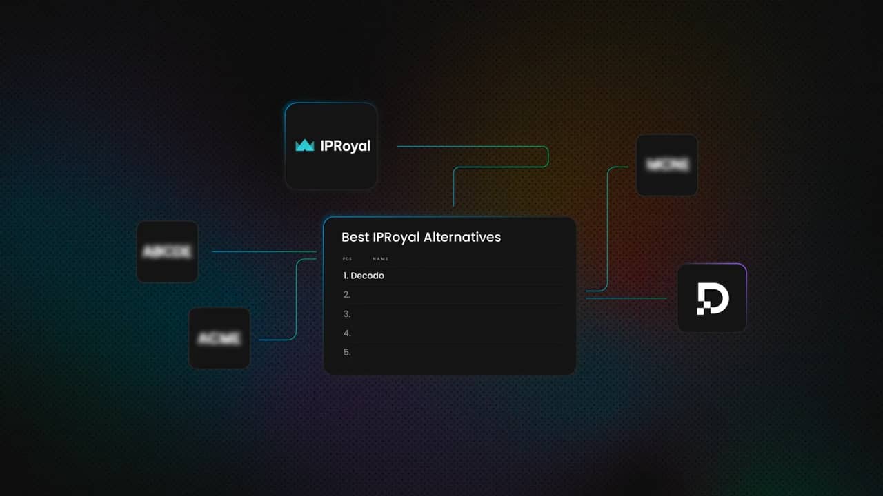 Window listing the top five IPRoyal alternatives, with Decodo at number one. Lines connect the window to various logos, blurred except for IPRoyal and Decodo.