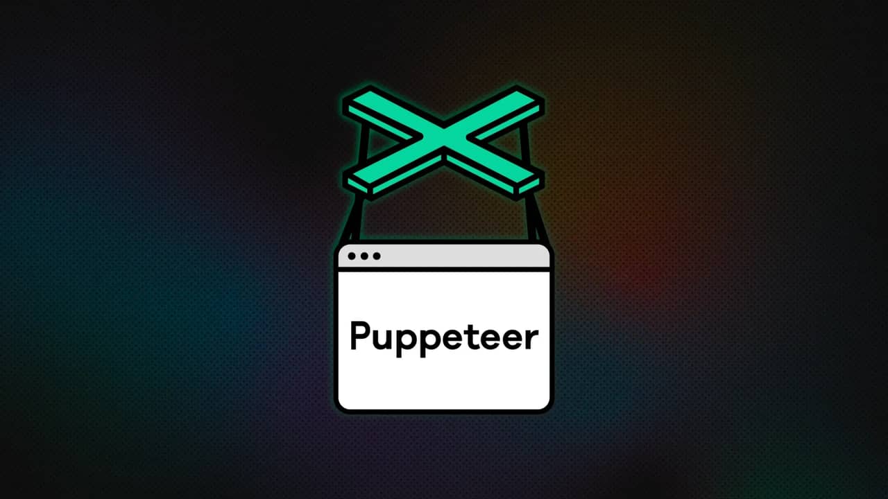 Browser window labeled Puppeteer suspended by a marionette cross on a dark background