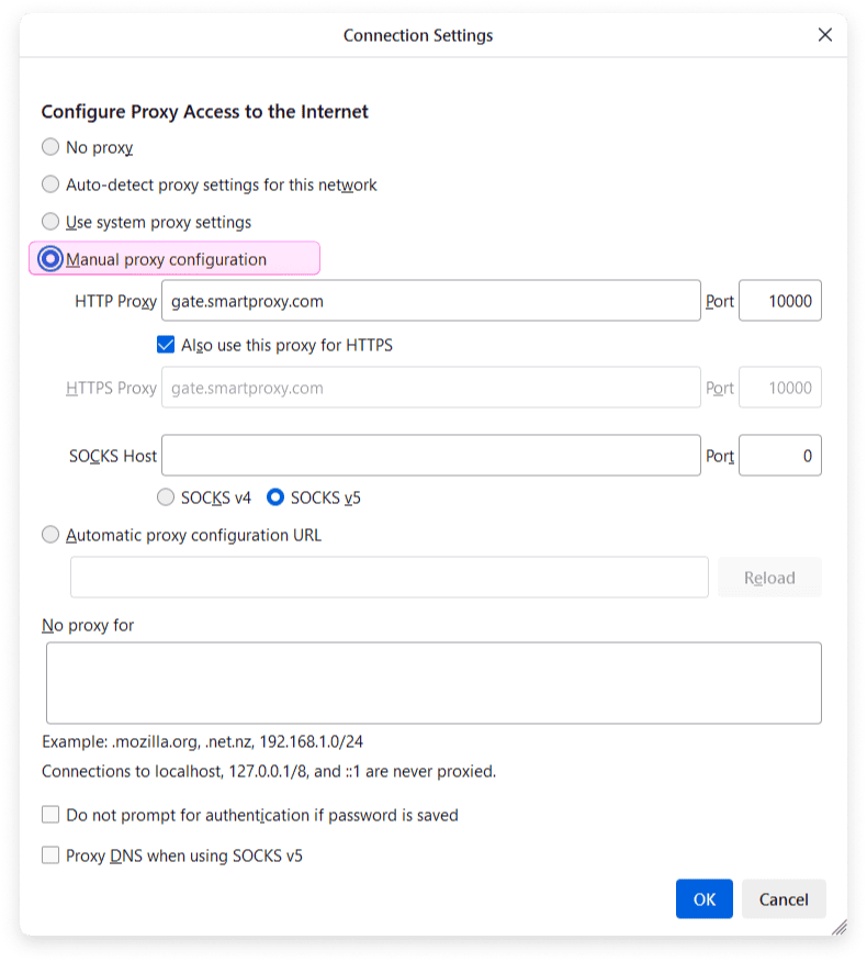 Manual proxy configuration - Waterfox