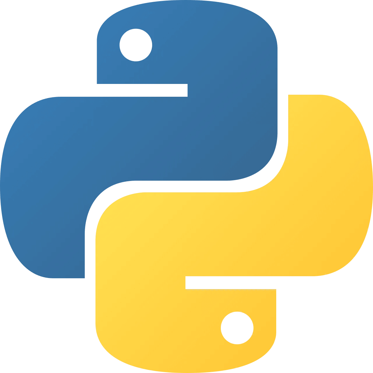 Official Python programming language logo featuring intertwined blue and yellow stylized snakes.