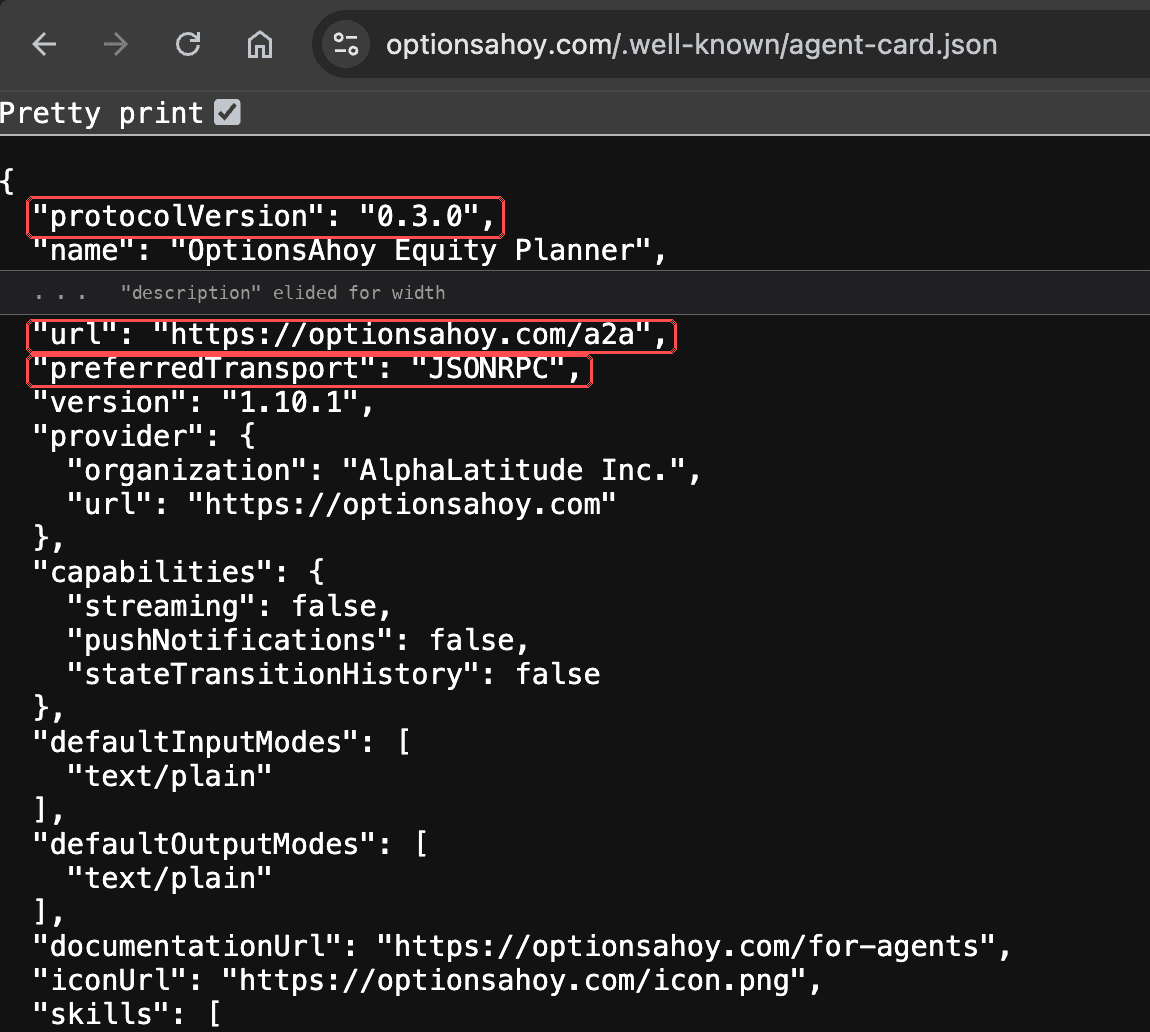 A production Agent Card is served from a well-known path. It reports protocol version 0.3.0 and describes its endpoint with url and preferredTransport, which is the v0.3 format that supportedInterfaces replaced.