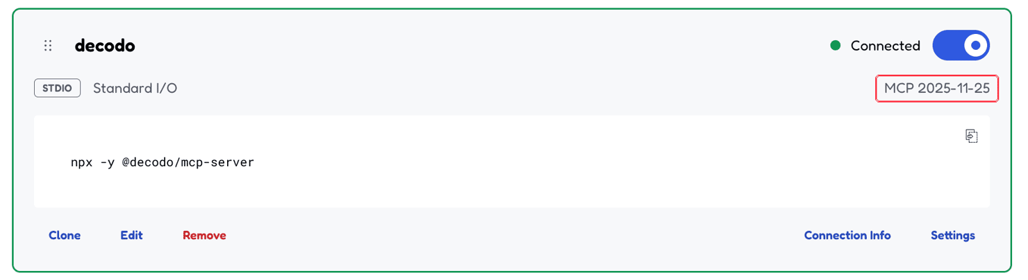 MCP Inspector reports the revision it negotiated in a badge beside the connection indicator, here 2025-11-25. That revision determines which fields a result contains, so check the badge before trusting any example.