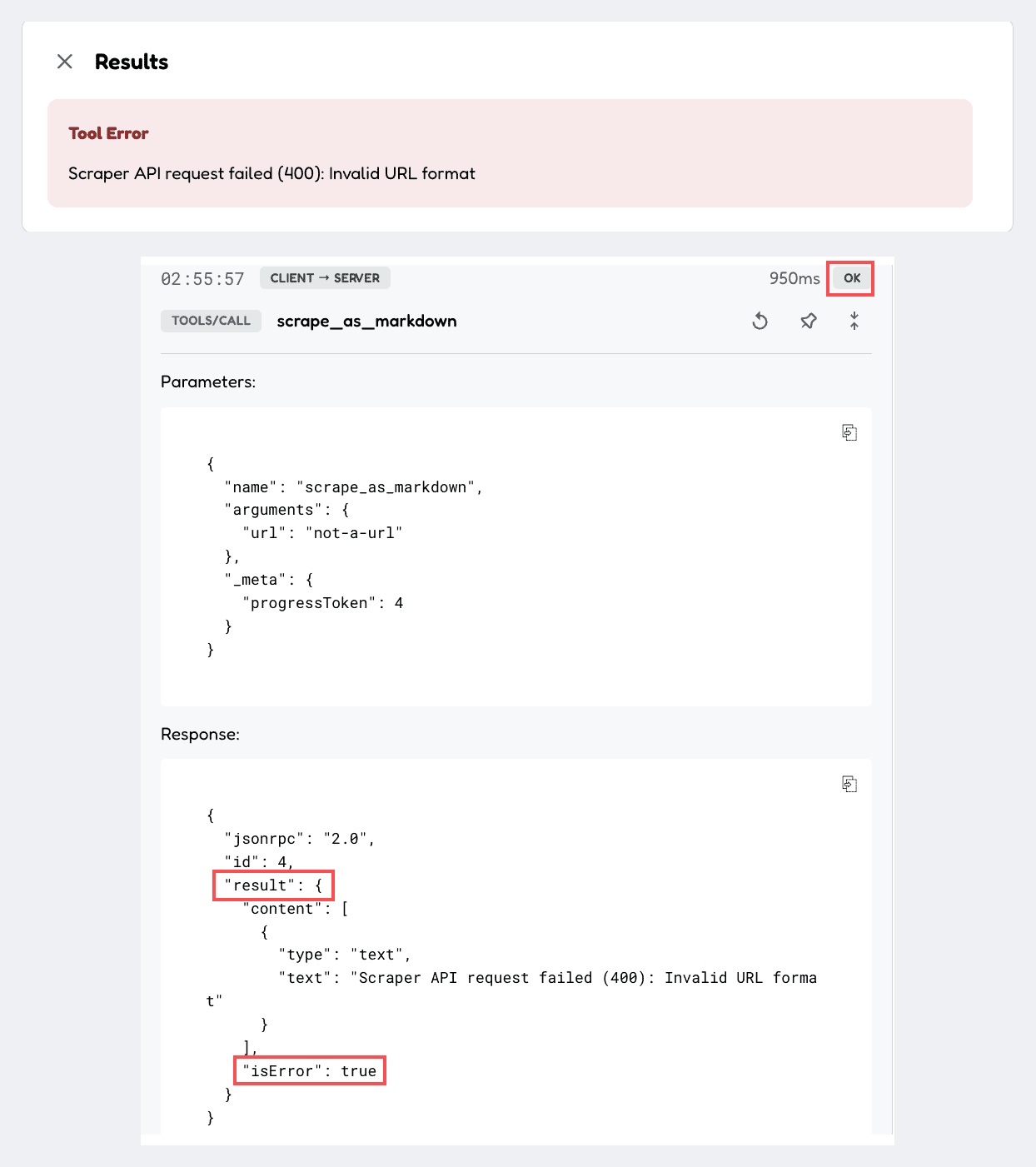 The Inspector shows the red banner because it reads isError. A client that checks only the JSON-RPC error field never reads isError, so it records this call as a success.