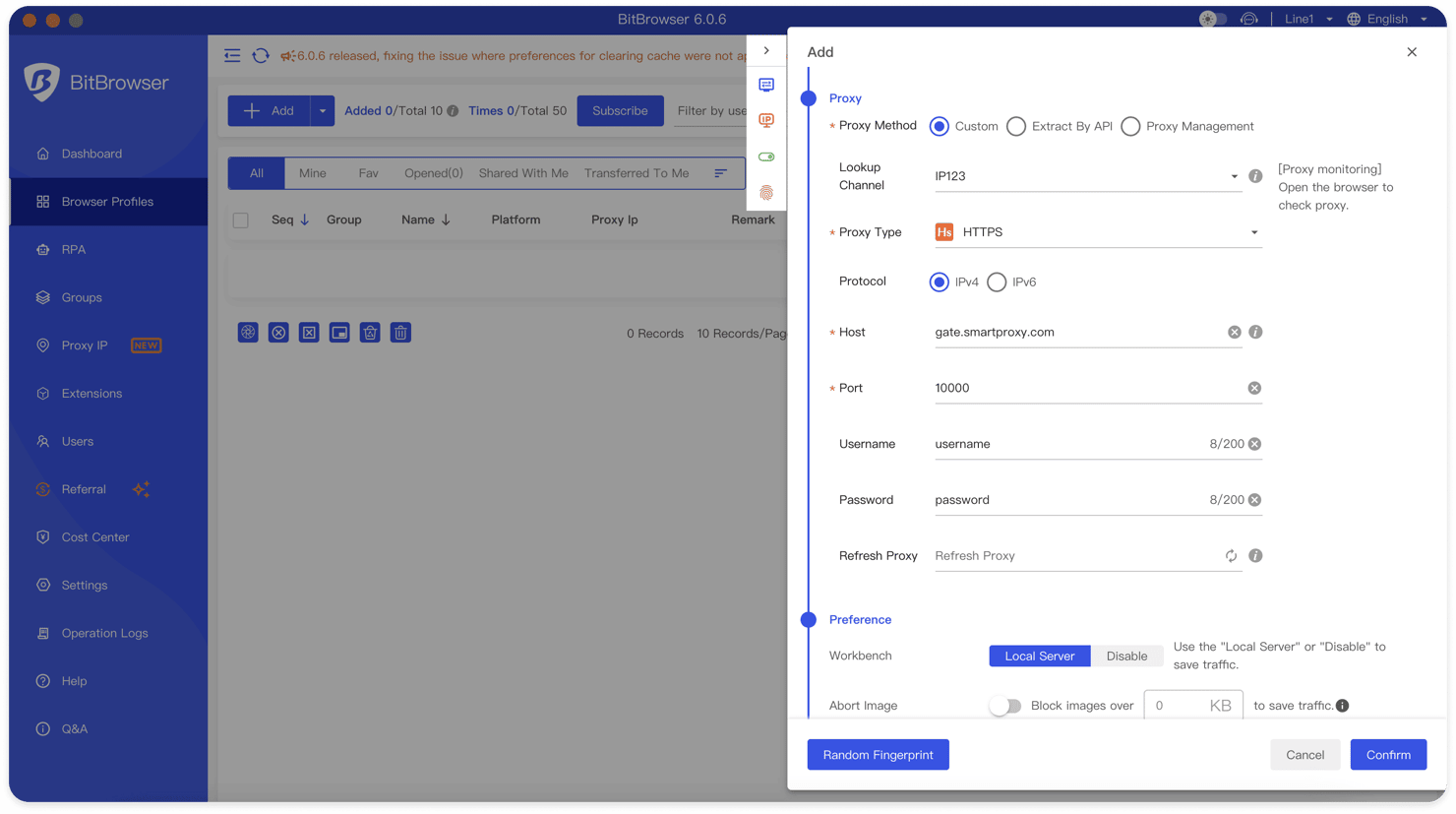 Fill in the residential proxy information from the Smartproxy dashboard – Proxy Type, Host, and Port.