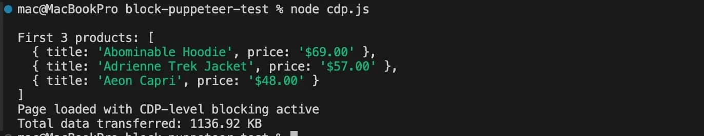 Terminal window showing scrape results from the CDP.js script