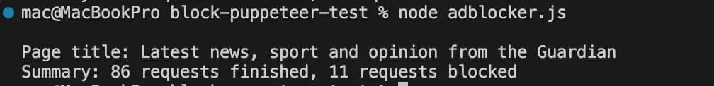 Terminal window showing results from the adblocker.js script.