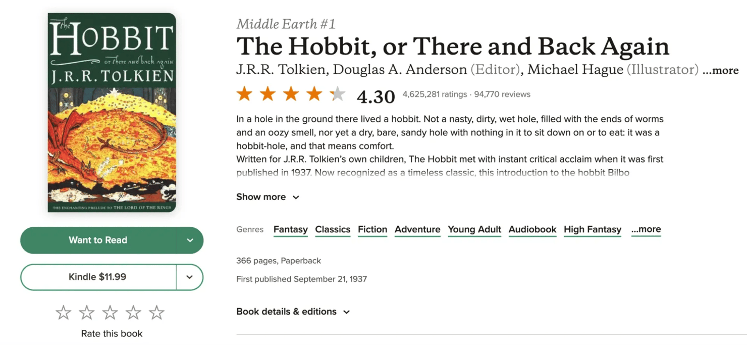 Goodreads page for The Hobbit, or There and Back Again.