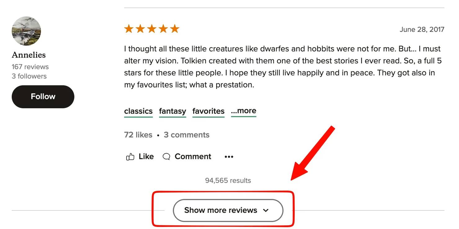 Goodreads page with the “Show more reviews” button highlighted by a red rounded rectangle and arrow.