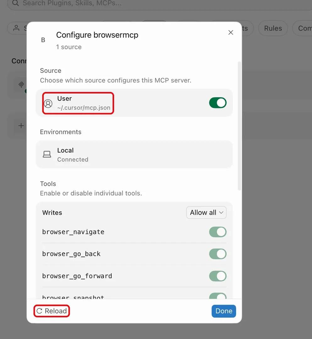 The reload control is inside the entry, at the bottom of the dialog. It isn't on the row.