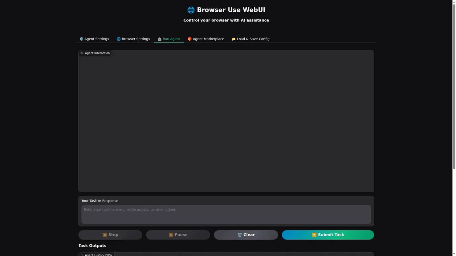 The Browser-use UI showing the Run Agent tab with a button to Submit Task.