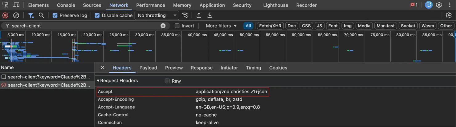 The Accept header as the browser sends it. Without it, the same call returns 404.