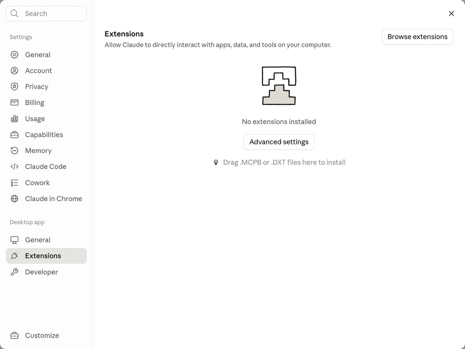 Screenshot of Claude Desktop's empty Extensions settings screen displaying "No extensions installed" along with buttons to browse extensions or drag .MCPB / .DXT files to install.