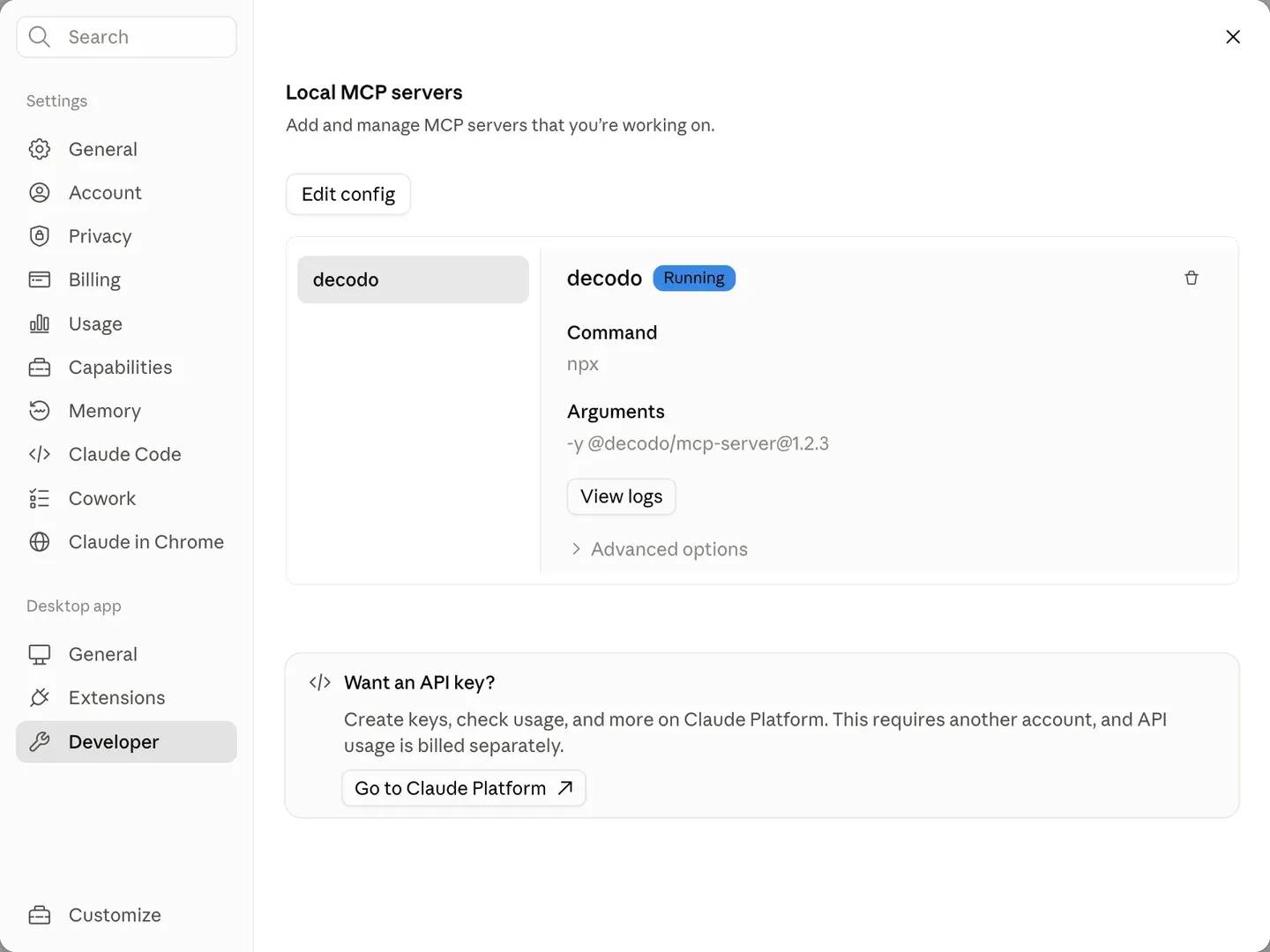 Screenshot of Claude Desktop Developer settings showing the Local MCP servers list with a running server named "decodo", configured via npx.