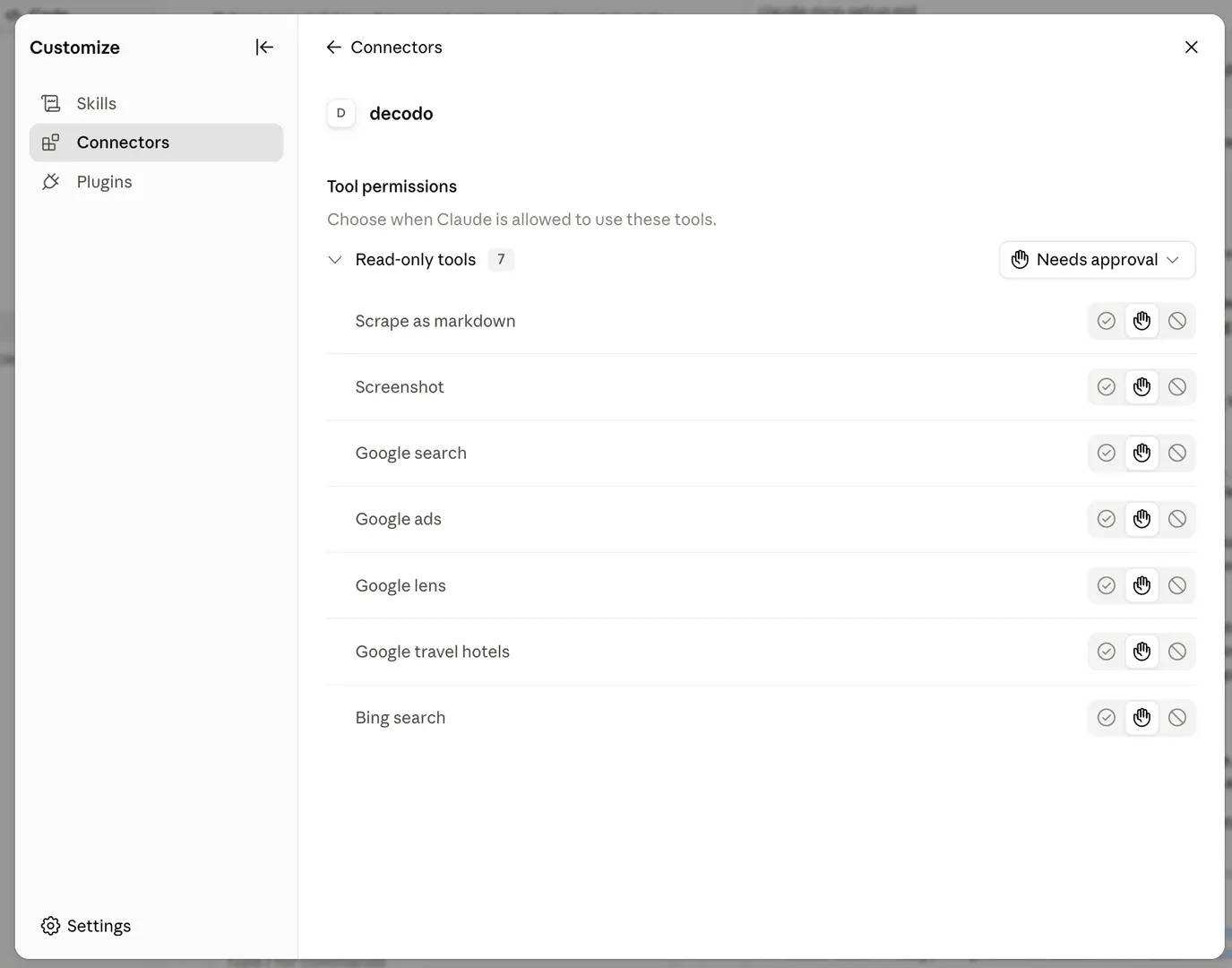 Screenshot of Claude Desktop's Tool permissions setting for the decodo connector, showing 7 read-only tools configured to require approval by default.