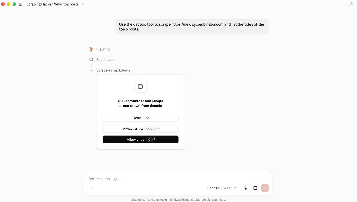 Screenshot of a permission dialog in Claude Desktop prompting the user to allow or deny the "Scrape as markdown" tool from Decodo.
