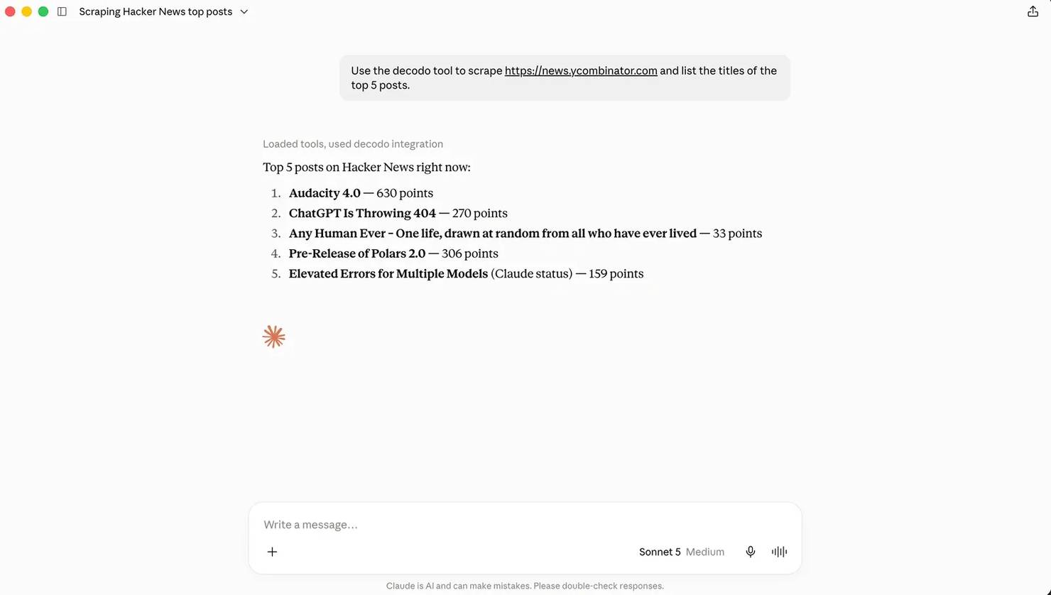 Screenshot of Claude Desktop output displaying a numbered list of top 5 Hacker News post titles fetched using the Decodo integration.