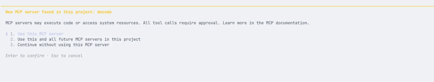 Screenshot of a terminal prompt in Claude Code notifying the user that a new project MCP server ("Decodo") was found and asking for permission to run it.