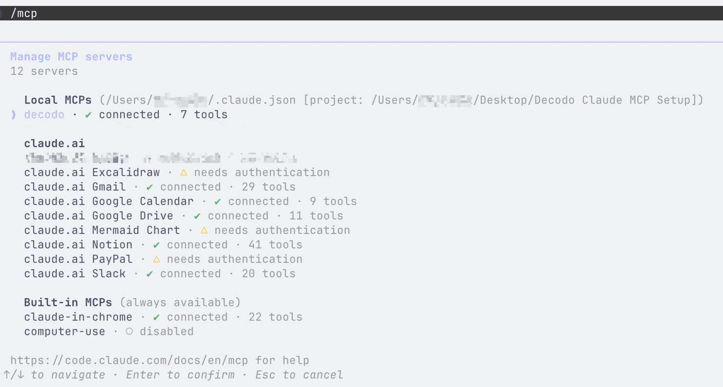 Screenshot of the /mcp panel in Claude Code, showing connected local MCP servers (Decodo), claude.ai connectors, and built-in tools.