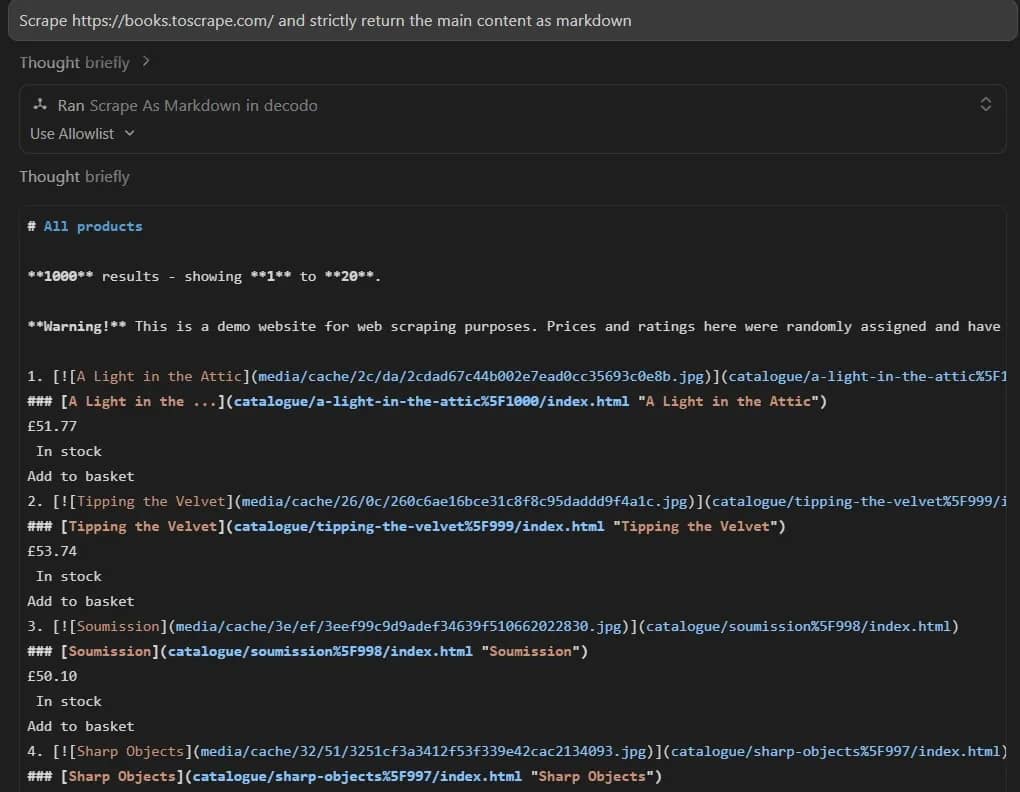 Preview of a command to Decodo MCP server to scrape Books to Scrape website