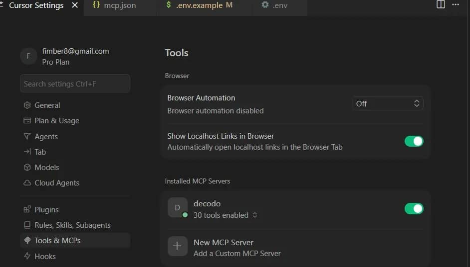 Cursor settings window showing confirmation of Decodo MCP connection.