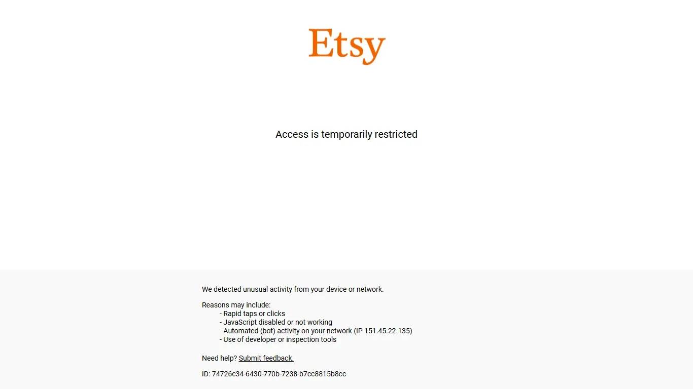 Etsy page displaying the message "Access is temporarily restricted"