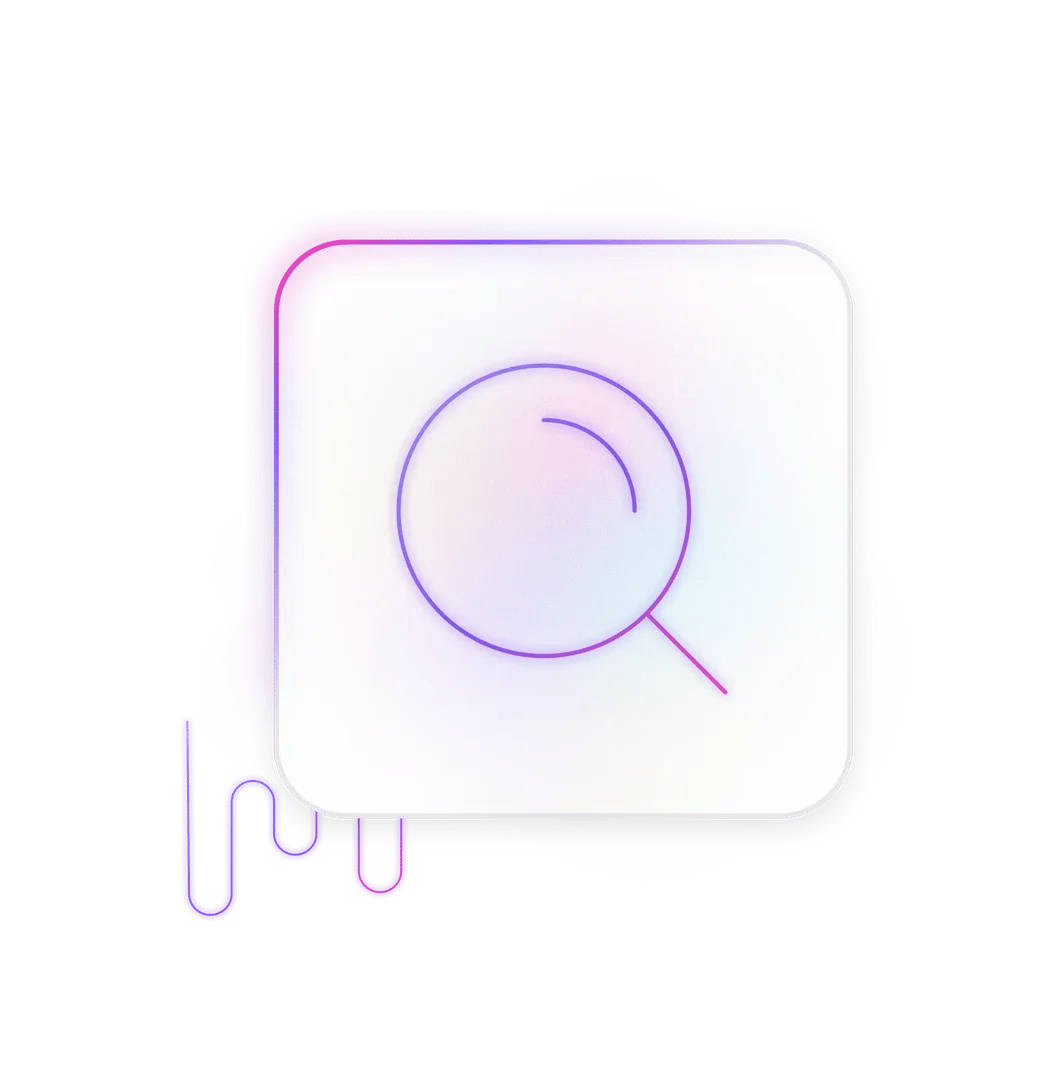 An illustration of a magnifying glass in a rounded square background with a tail