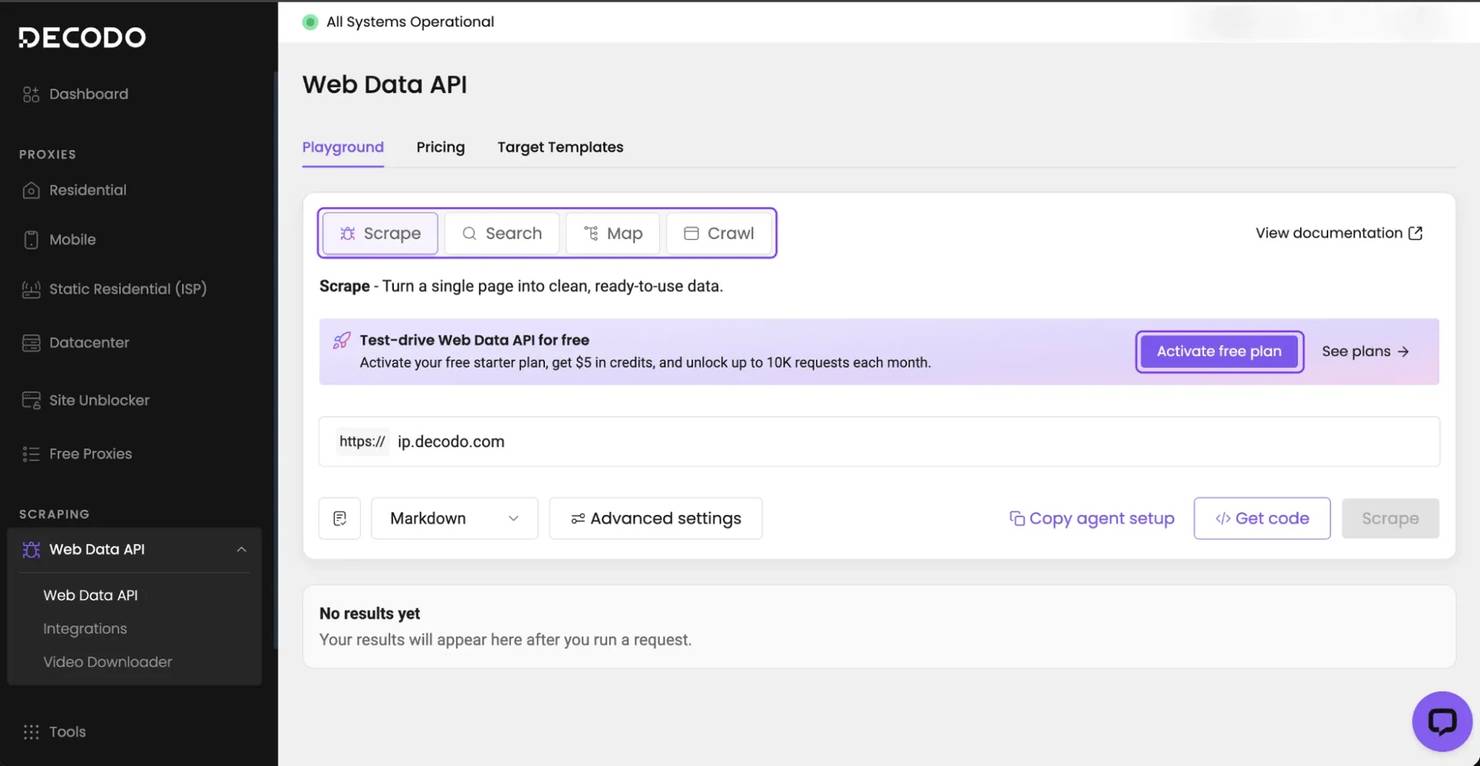 Decodo Web Data API dashboard