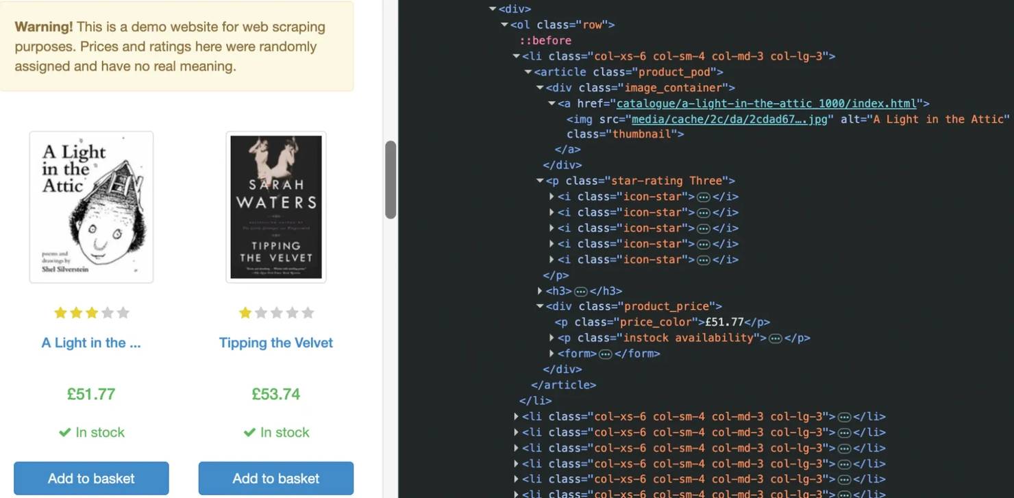 BooksToScrape interface, showing the Chrome DevTools on the right