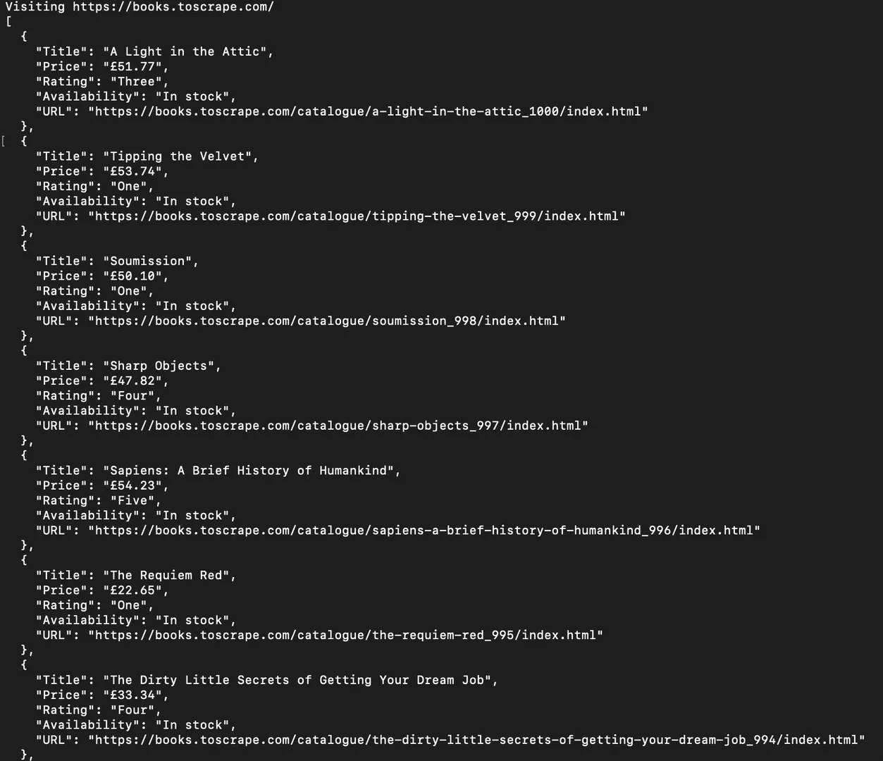 Terminal window showing JSON results from the scraping task.