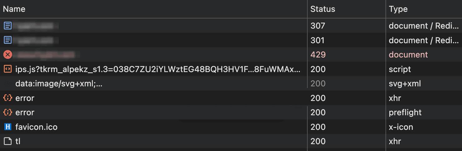 The same 3 steps in a browser's network log – the 429, the challenge script, and the /tl call. The host is redacted.