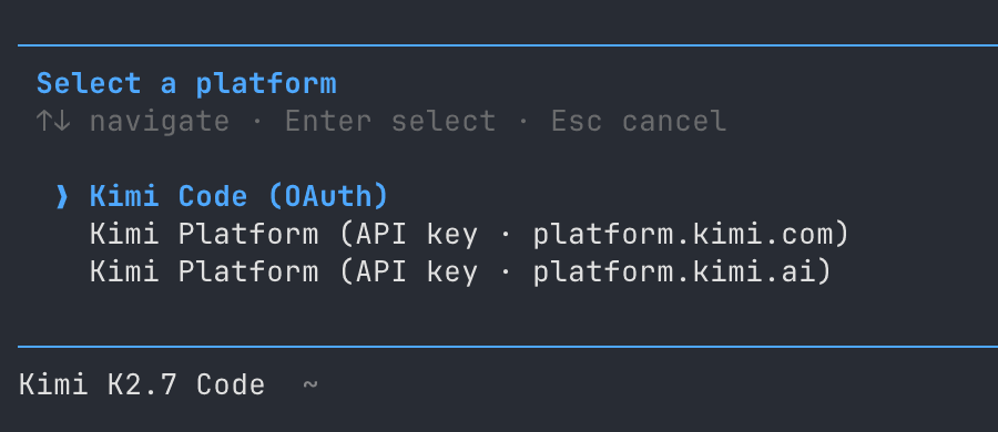 Kimi Code CLI's /login picker. The 2 Kimi Platform routes are separated only by console hostname.