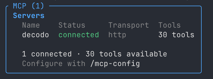 /mcp after adding the entry. Transport and tool count confirm that the server connected, not just that the JSON parsed.