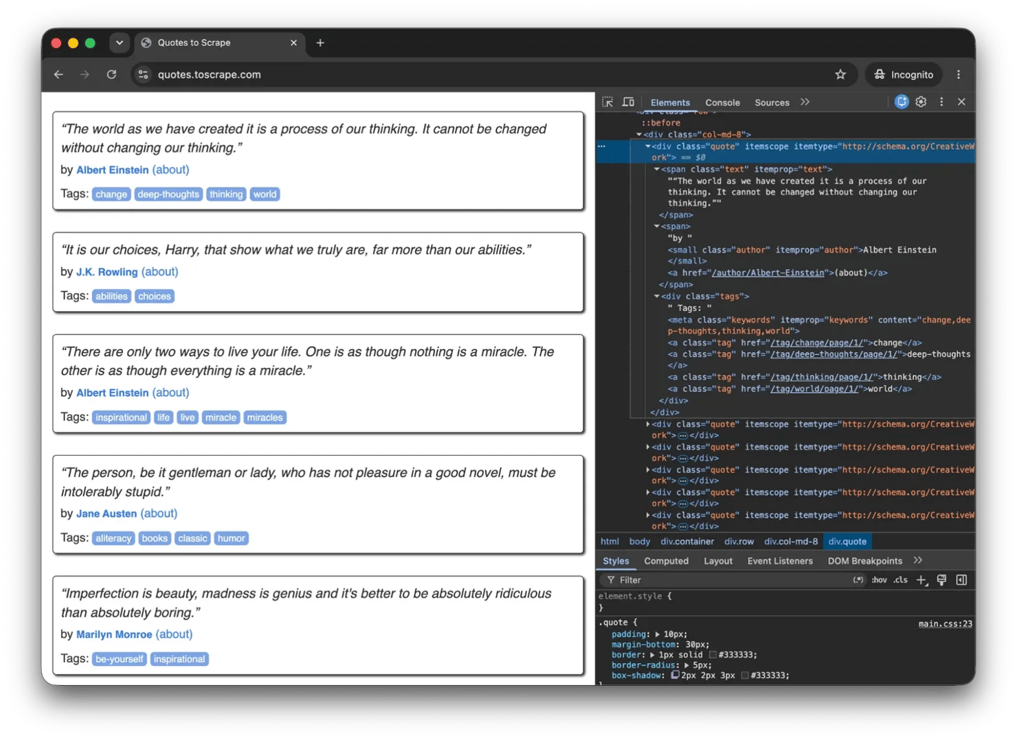 Quotes to Scrape page interface with Chrome DevTools opened on the right side.