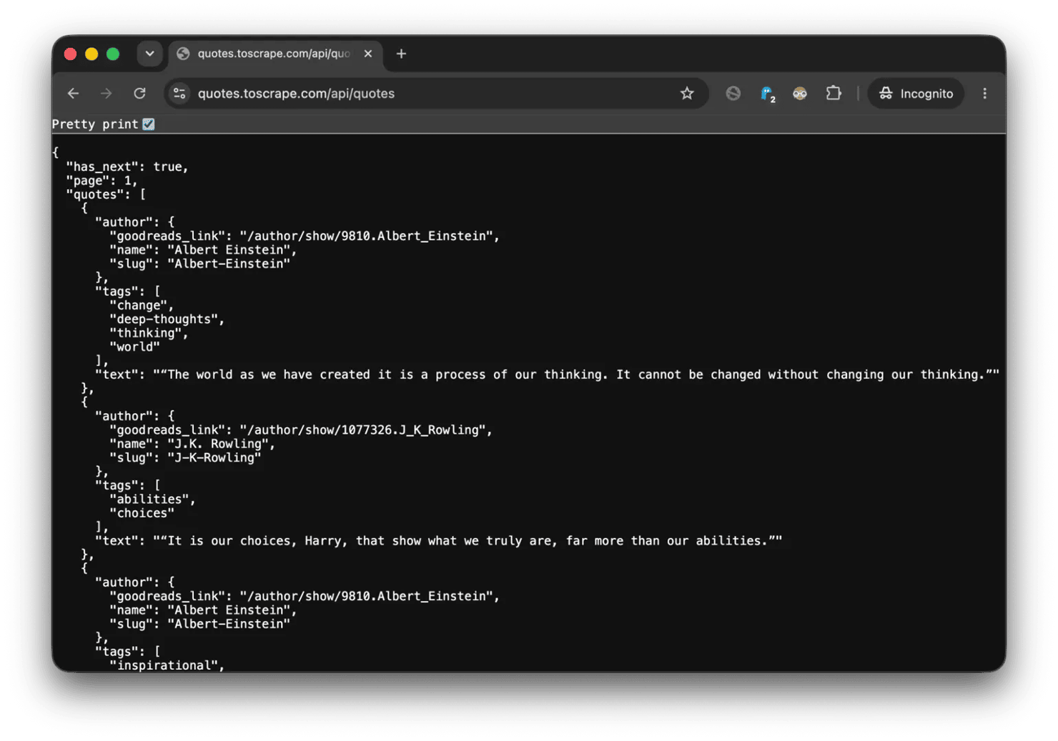 Quotes to Scrape API endpoint JSON details