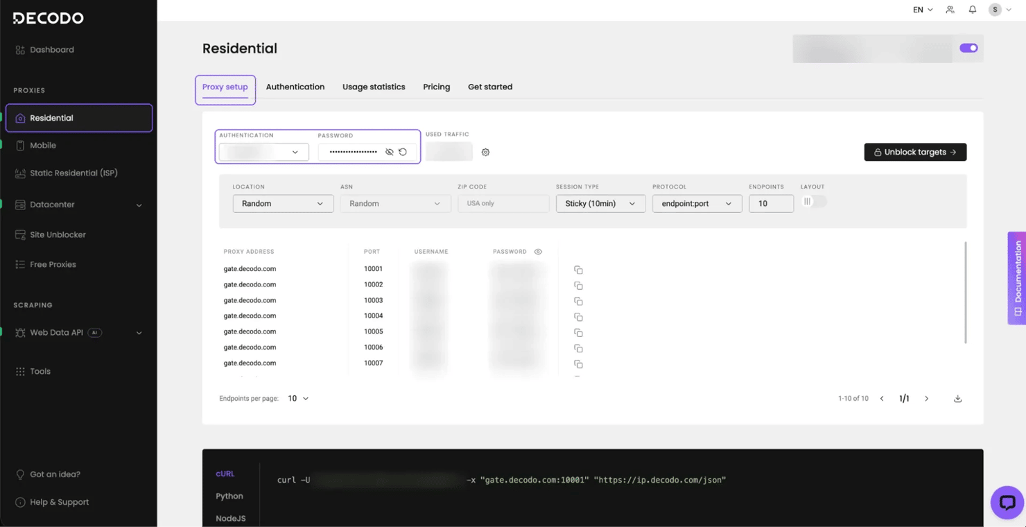Decodo residential proxies dashboard