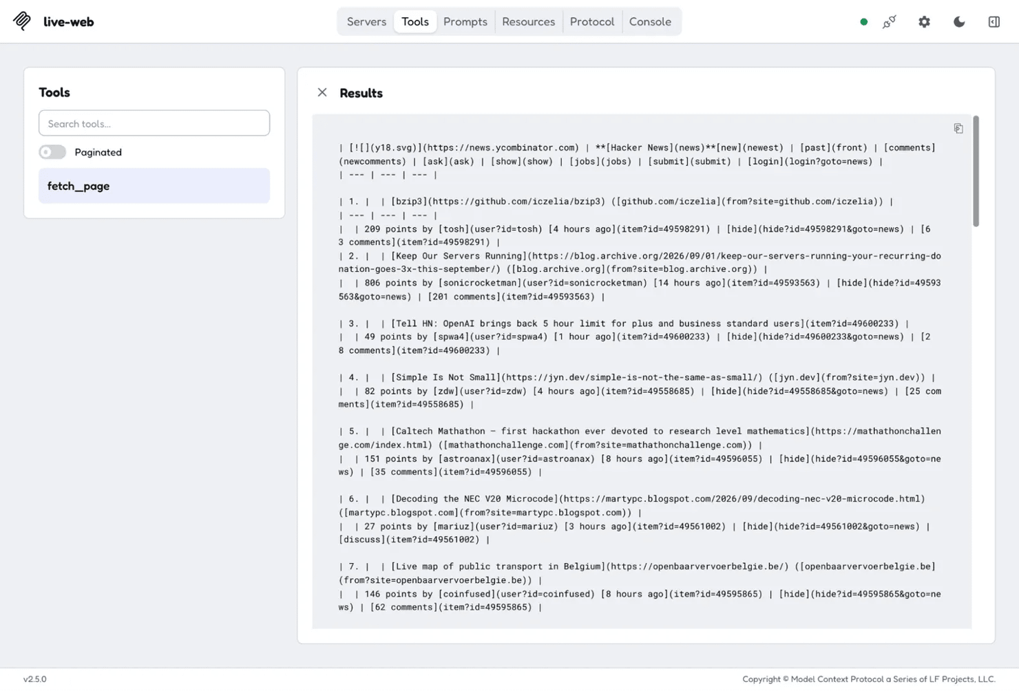 Hacker News live page returning through the Web Scraping API