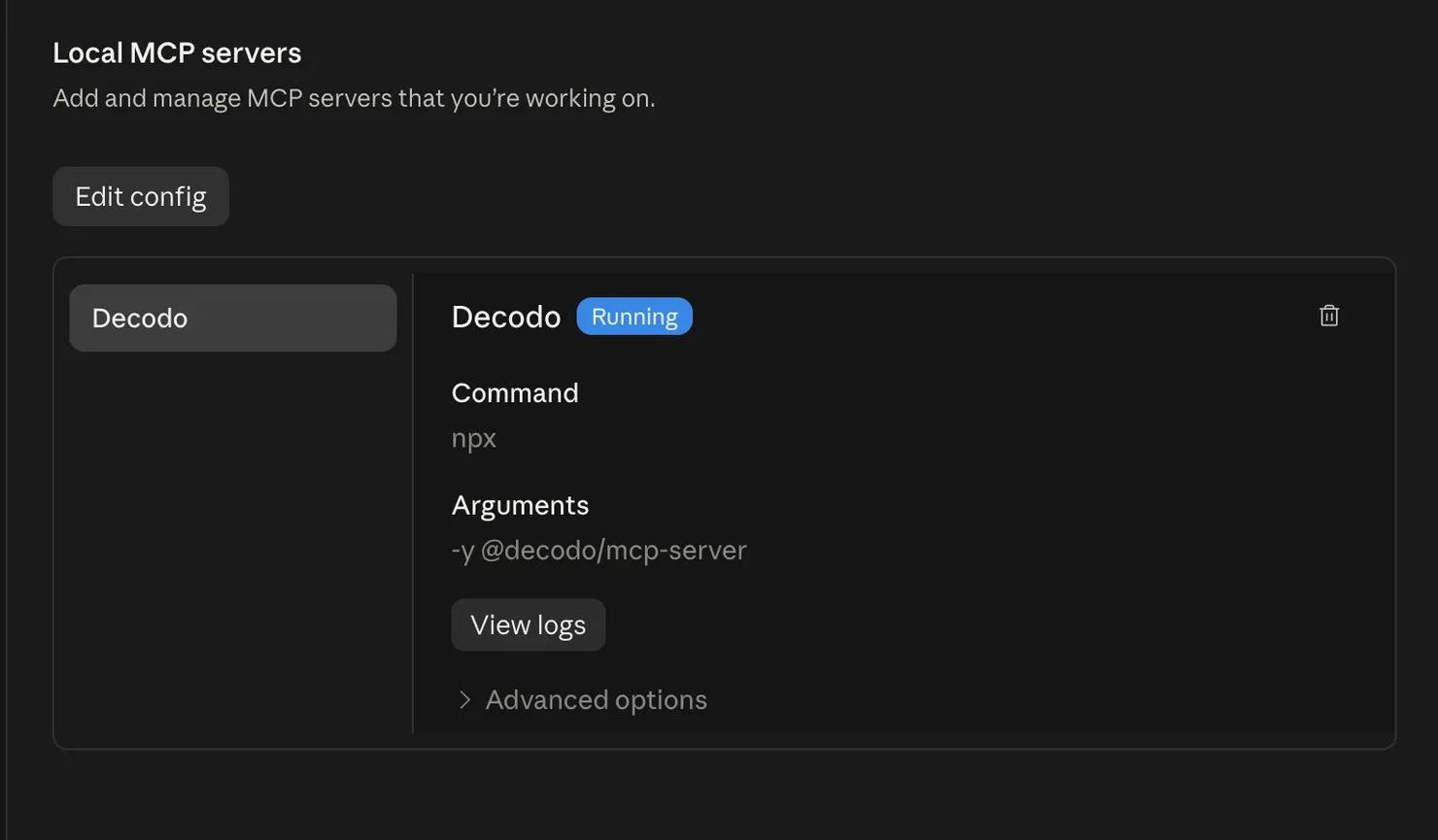 Decodo listed under Developer tab in Settings.