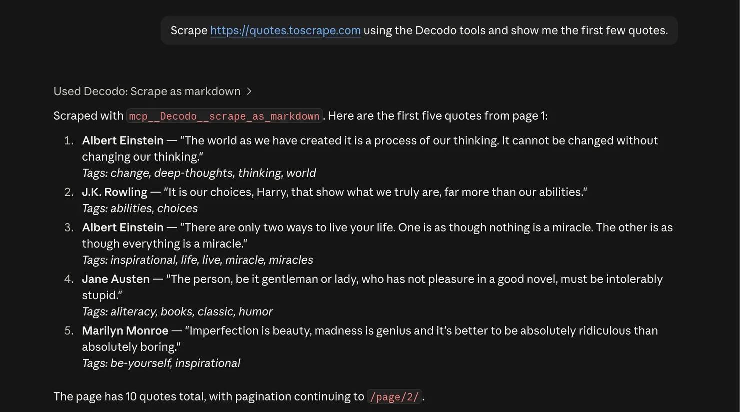 The result of the agent using the Decodo MCP server to scrape quotes.toscrape.com through the protocol.