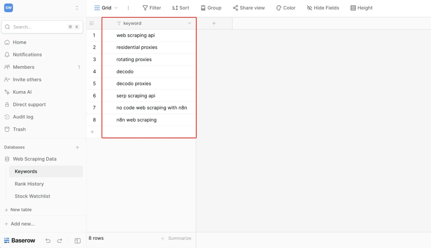 The Keywords table in Baserow – edit this list to track new terms, no n8n needed.