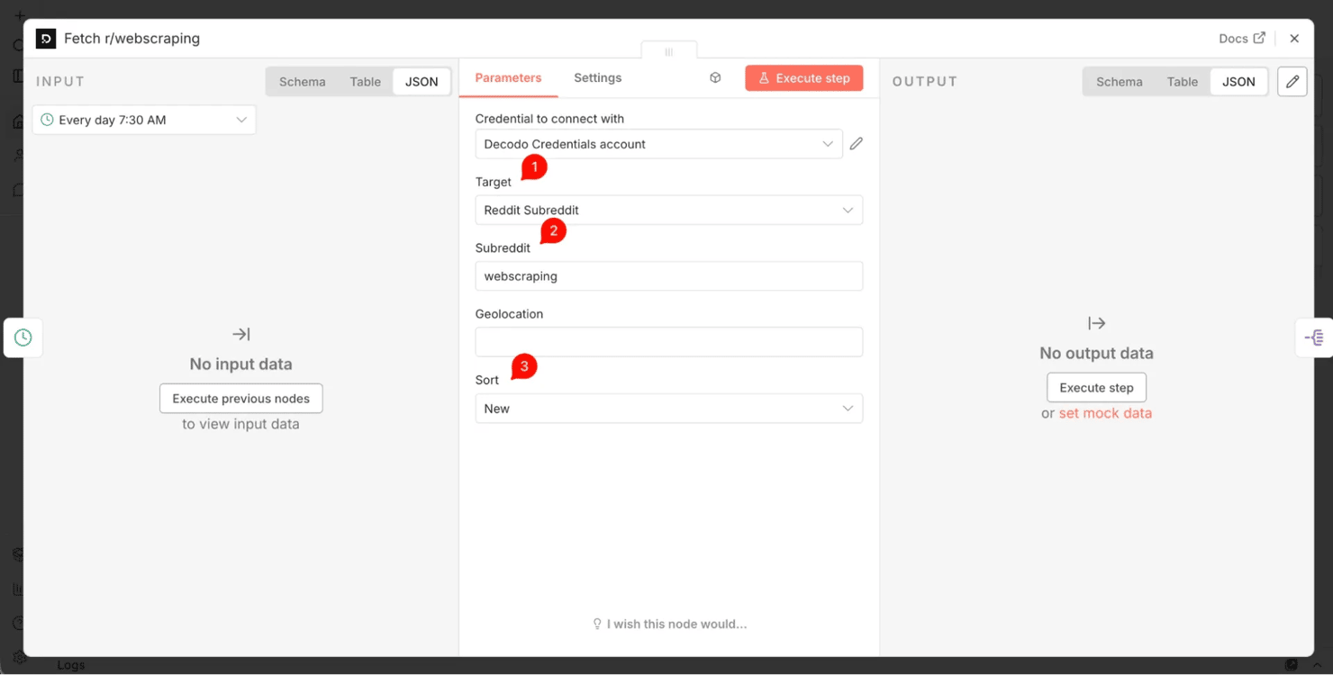 The Decodo node on the Reddit Subreddit target – pulls a subreddit's newest posts as clean JSON, no CSS selectors.
