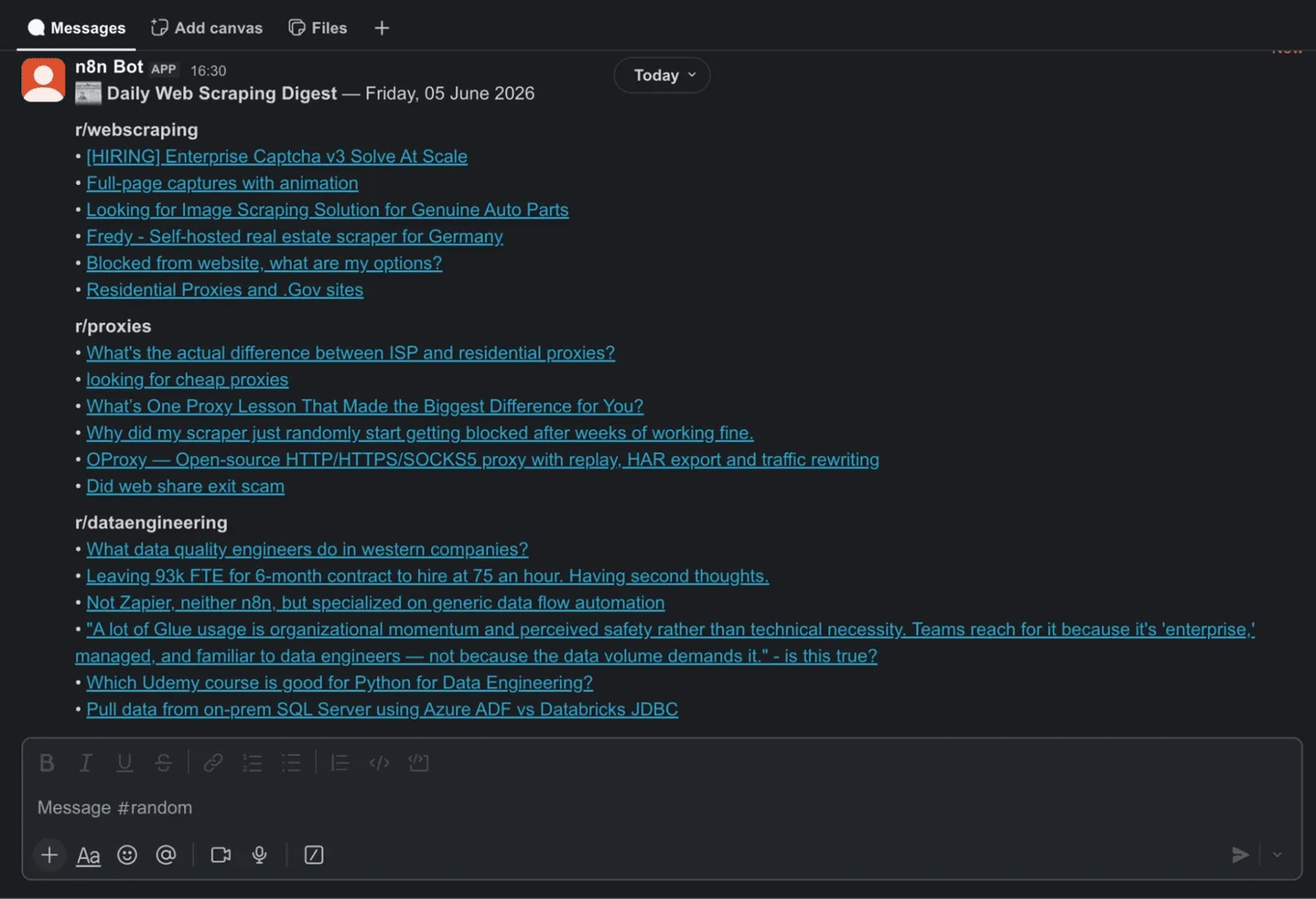 The finished daily digest – the latest posts grouped by source (up to 6 each), deduplicated, delivered to Slack.