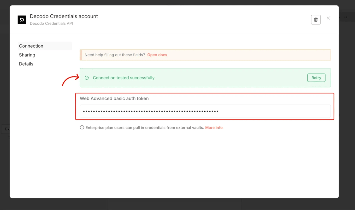 Pasting your Decodo token into an n8n credential – saved once, reused by every Decodo node.